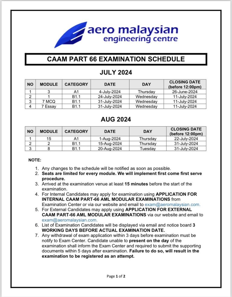 CAAM EXAMINATION SCHEDULE JULY & AUGUST 2024