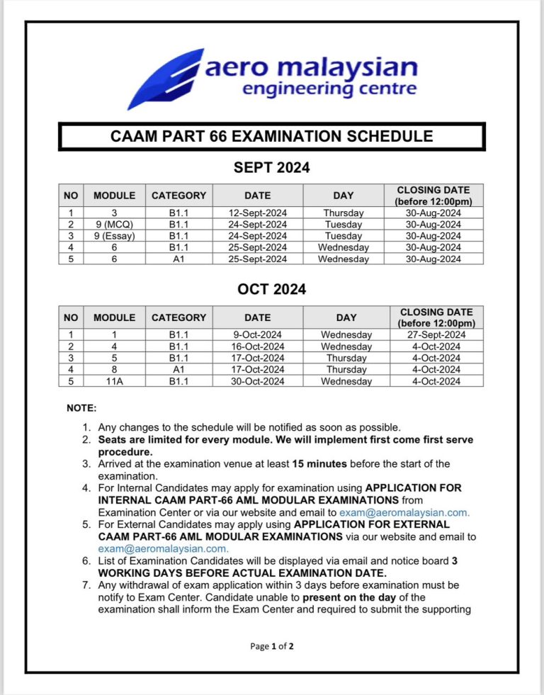 CAAM EXAMINATION SCHEDULE SEPTEMBER & OCTOBER 2024