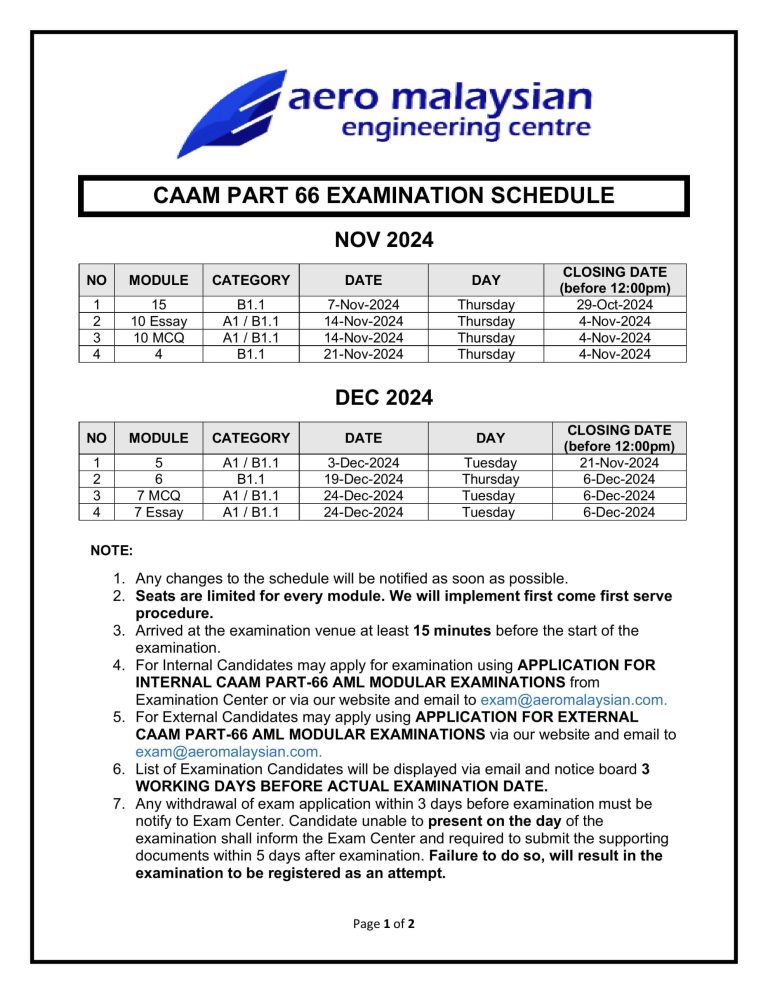 CAAM EXAMINATION SCHEDULE NOVEMBER & DECEMBER