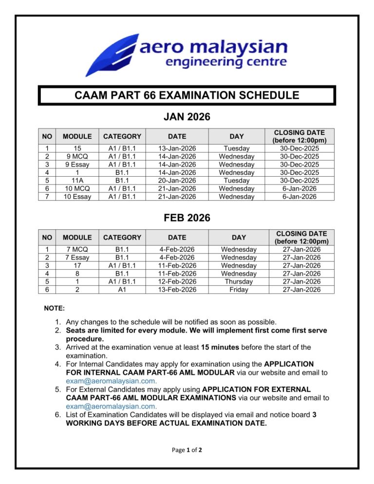 CAAM EXAMINATION SCHEDULE JANUARY & FEBRUARY 2026