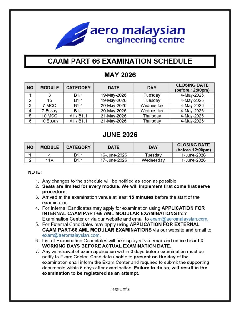 CAAM EXAMINATION SCHEDULE MAY & JUNE 2026
