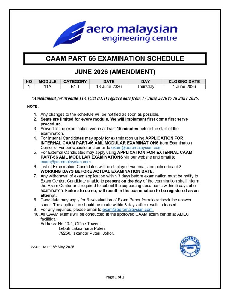 CAAM EXAMINATION SCHEDULE JUNE 2026 (AMENDMENT)