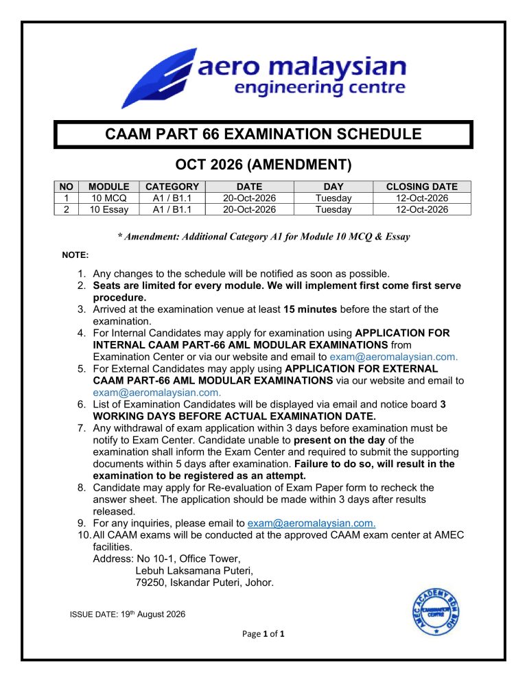 CAAM EXAMINATION SCHEDULE OCTOBER 2026 (AMENDMENT)