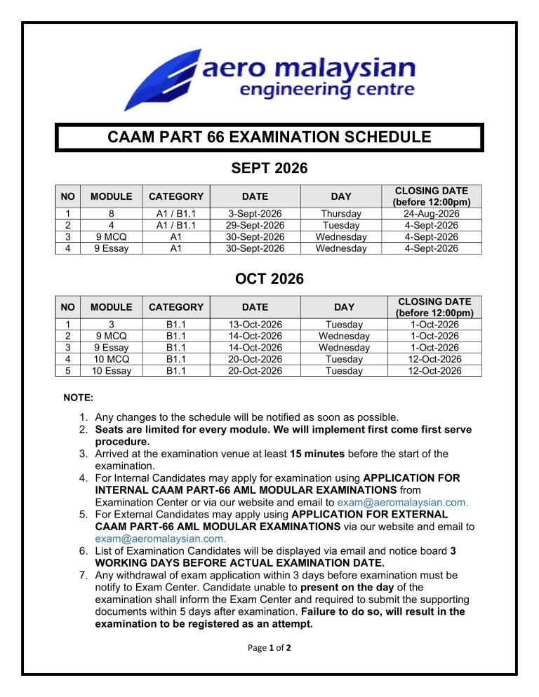 CAAM EXAMINATION SCHEDULE SEPTEMBER & OCTOBER 2026